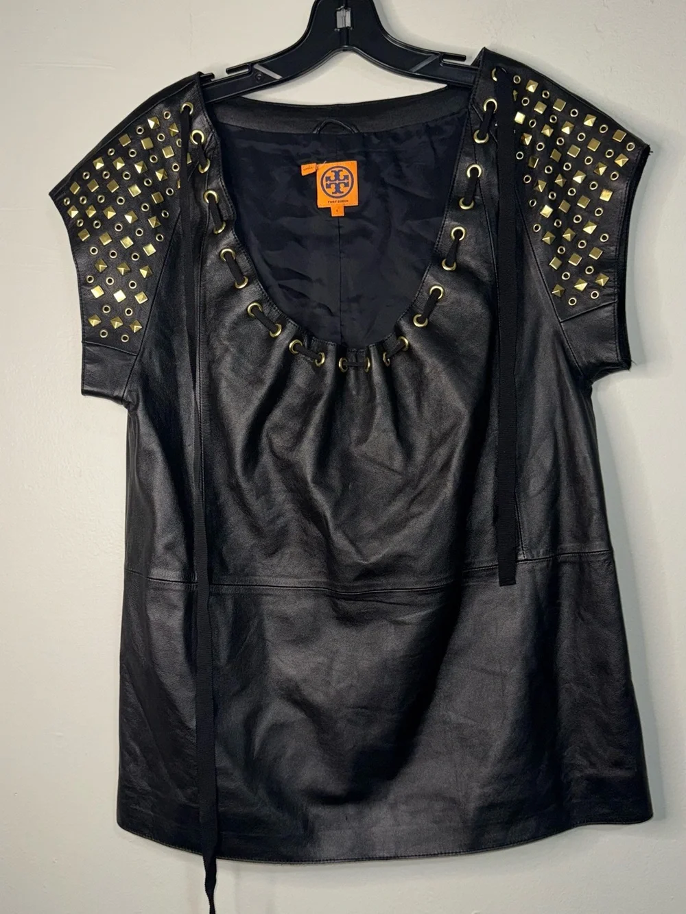 Tory Burch Black Leather Top with Gold Stud Accents